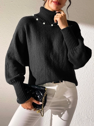 Pull en Tricot Élégant à Col Haut Pour Femmes Perla Artificialge de Künstliche Perles Manches Lanternes Couleur Unie Haut Décontracté Automne Hiver