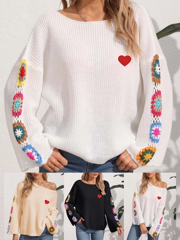 Maglione Pullover da Donna Casual Senza Spalle Con Ricamo a Cuore e Maniche a Fiori All'Uncinetto Colorate Top in Maglia Patchwork