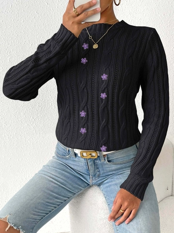 Women's Long Sleeve Cable Knit Sweater Floral Embroidered Round Neck Pullover Jumper Casual Fall Winter Top