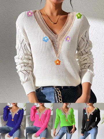 Maglione Donna Scollo V Patchwork Pizzo Uncinetto Fiori 3D Manica Lunga Maglia Traforata Pullover Casual Streetwear Top