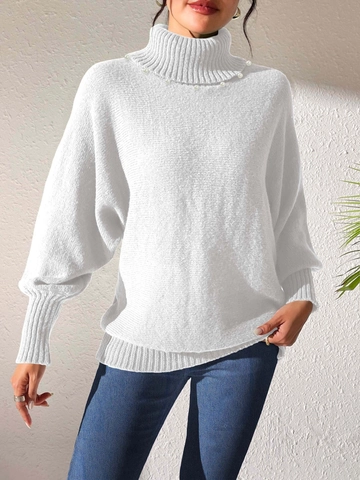 Women Casual Turtleneck Knitted Sweater Solid Color Batwing Sleeve Pullover Ribbed Cuff Christmas Sweater Winter Knitted Top