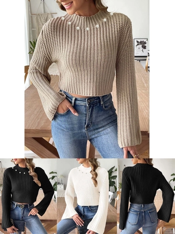 Damen Künstliche Perlenstickerei Gekürzt Acryl Pullover Halber Stehkragen Glockenärmel Maschinengestrickt Herbst Winter Streetwear Stricktop