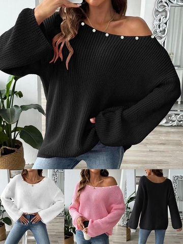 Dames Kunstparel Gebreide Trui Off Shoulder Uitlopende Mouwen Losse Pullover Top Casual Effen Kleur Zachte Winterkleding
