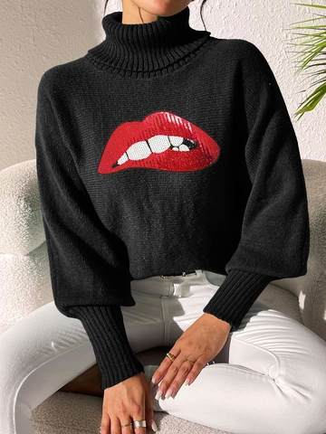 Maglione da Donna a Collo Alto con Ricamo Labbra in Paillettes Pullover Maniche a Lanterna Patchwork Streetwear Autunno Inverno