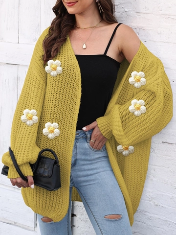 Gilet en Maille Casual Oversize pour Femme Fleurs au Crochet 3D Manches Longues Ouvert sur le Devant Manteau Pull Épais Automne Hiver