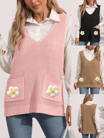 Women V-Neck Knit Vest Sleeveless Sweater With 3D Crochet Flower Pockets Casual Solid Color Loose Pullover Waistcoat Top