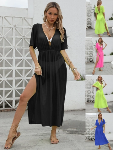 Vestido de Playa Sexy de Malla para Mujer Escote en V Profundo Abertura Alta Transparente Vacaciones de Verano Manga Corta Cintura Elástica Color Sólido