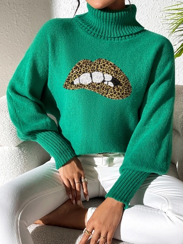 Maglione da Donna a Collo Alto con Ricamo Labbra in Paillettes Pullover Maniche a Lanterna Patchwork Streetwear Autunno Inverno