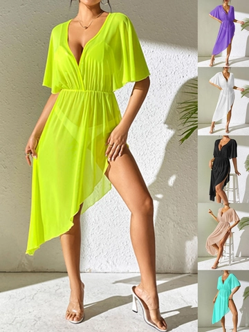 Cubre Bikini de Playa de Malla Sexy con Cuello en V Profundo para Mujer Dobladillo Irregular Abertura Alta Cintura Elástica