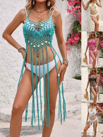 Copricostume da Spiaggia Boho all'Uncinetto con Paillettes e Nappine Scollo a Halter Schiena Scoperta Maglia Acrilico Vacanze
