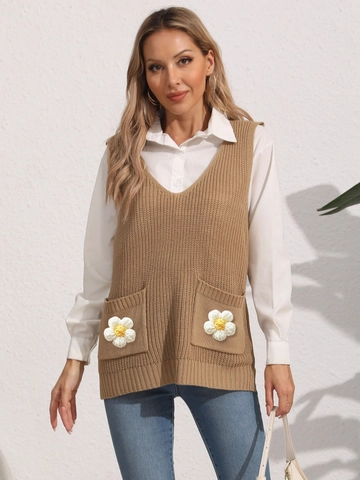 Women V-Neck Knit Vest Sleeveless Sweater With 3D Crochet Flower Pockets Casual Solid Color Loose Pullover Waistcoat Top