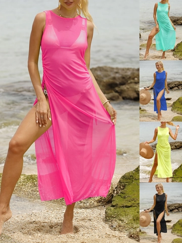 Sexy Copricostume da Spiaggia in Rete Trasparente da Donna Senza Maniche Increspato Coulisse Laterale Spacco Alto Estate Mare