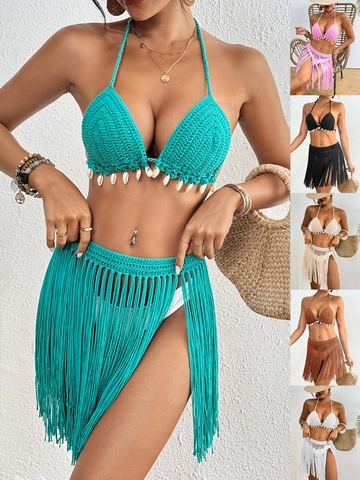 Women's Sexy Handmade Crochet Bikini Set Boho Shell Patchwork Halter Top And Fringe Skirt Two Piece Beach Cover Up Swimwear