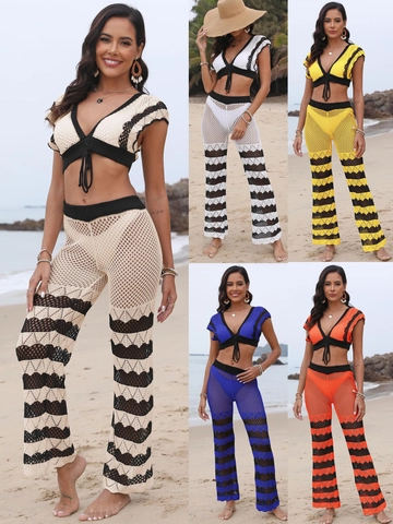 Damen Gehäkeltes Strand Set Tiefem V-Ausschnitt Schnürung Crop Top Und Hohlmuster Hohe Taille Schlaghose Urlaubsoutfits