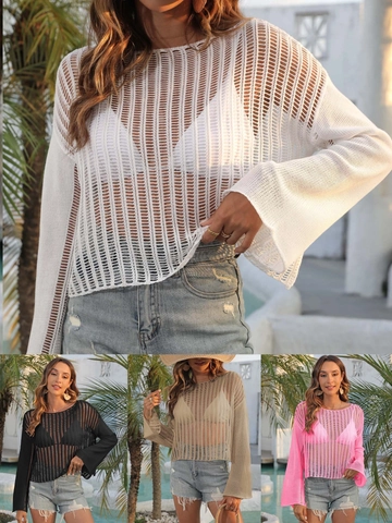 Women's Hollow Out Crochet Beach Cover Up Bell Sleeve Short Loose Knit Top Vacation Sun Protection Blouse