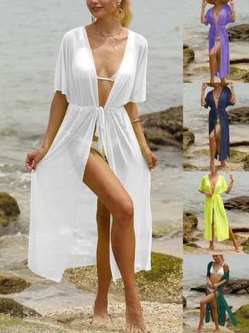 Copricostume da Spiaggia Donna Cardigan Lungo in Rete Vita da Annodare Bikini Wrap Tinta Unita Trasparente Protezione Solare Mantella Vacanza
