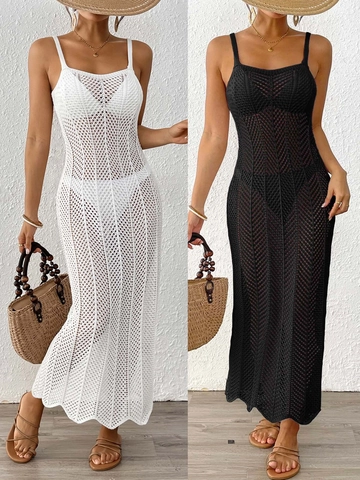 Women Sexy Crochet Hollow Out Beach Cover Up Dress Spaghetti Strap Knit Maxi Long Sundress Vacation Swimwear Outfits