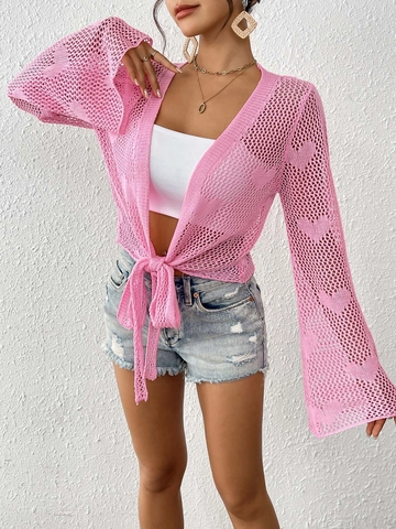Cardigan au Crochet pour Femmes Manches Évasées Lacet Devant Cœur Ajouré Cache-Maillot Bikini en Polyester Tricot
