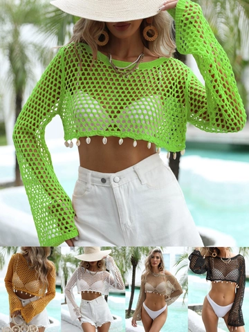 Dames Gehaakte Holle Maas Strandjurkje Crop Top Met Lange Mouwen En Schelp Decoratie Boheems Gebreide Top