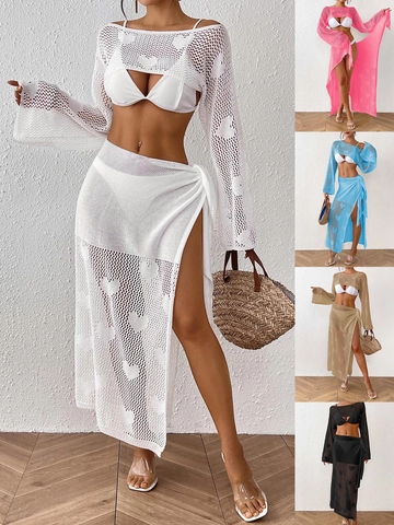 Ensemble Deux Pièces Cache-maillot de Plage Sexy au Crochet Motif Cœur Haut Court à Manches Longues Et Jupe Longue Fendue à Lacets