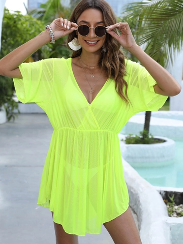 Robe de Plage Sexy en Maille Transparente pour Femmes Col en V Profond Manches Courtes Taille Élastique Ourlet Irrégulier Paréo