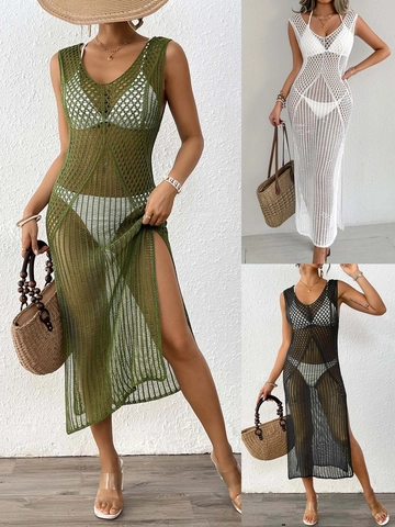 Vestito Copricostume da Spiaggia All'uncinetto Sexy da Donna Scollo a V Senza Maniche Maglia Maxi Vestito Con Spacco Laterale Per Vacanze