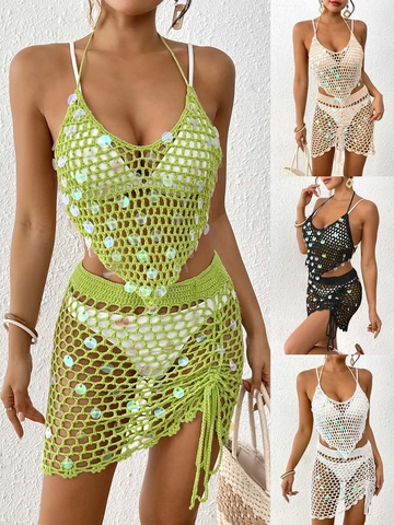 Damen Irisierende Pailletten Häkeln Strand Cover Up Set Halter Crop Top Und Kordelzug Minirock Boho Urlaub Outfit