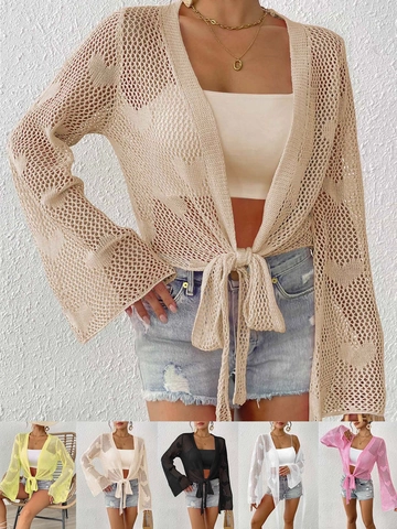 Women Sexy Polyester Crochet Hollow Out Cardigan Flare Sleeve Tie Front Bow Knot Bikini Cover Up Summer Beach Top