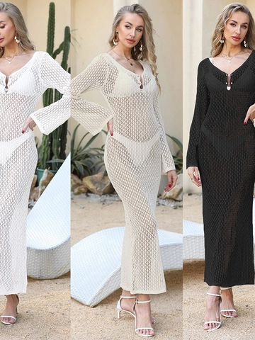 Women Sexy Crochet Knit Beach Cover Up Long Dress V Neck Flare Sleeve Solid Color Hollow Out Vacation Swimwear Coverup