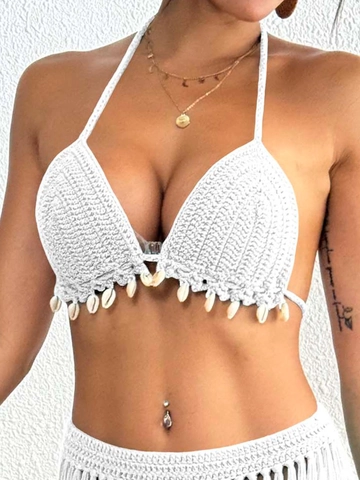 Handmade Crochet Bikini Top For Women With Shell Tassels Halter Neck Backless Boho Beach Cover-up Sexy Swimwear Top