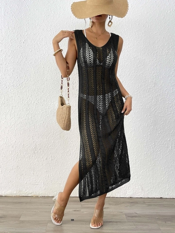 Women Sexy Crochet Hollow Out Beach Cover Up Dress Sleeveless V Neck Side Slit Knit Maxi Top And Bottom Resort Wear