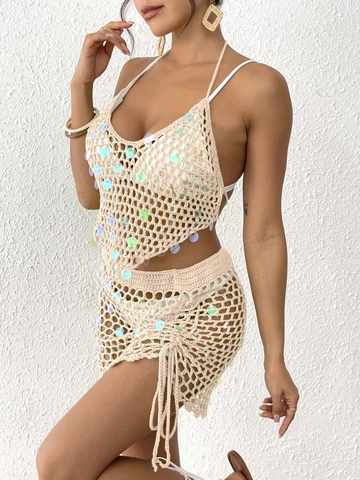 Damen Irisierende Pailletten Häkeln Strand Cover Up Set Halter Crop Top Und Kordelzug Minirock Boho Urlaub Outfit