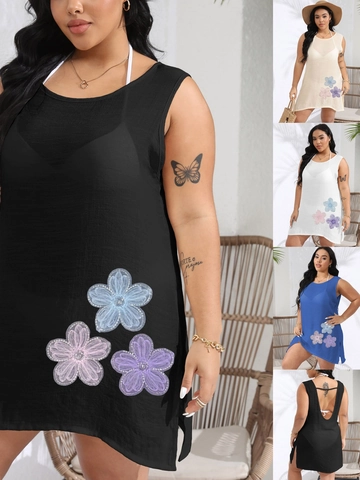 Dames Grote Maten Sexy Open Rug Strand Cover Up Jurk 3D Bloem Geborduurd Pailletten Zomervakantie Mouwloze Bikini Cover Up
