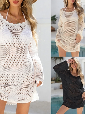 Vestido de Playa de Croché para Mujer Cover Up de Punto Hueco Manga Larga Borde Ondulado para Bikini Verano Resort