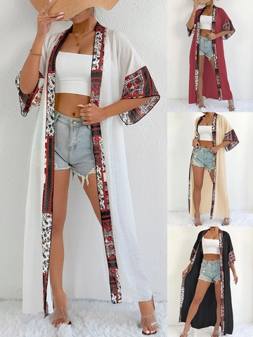 Dames Boheemse Lange Kimono Cardigan Etnische Print Open Voorkant Strand Cover Up Zonbescherming Zomer Patchwork Top