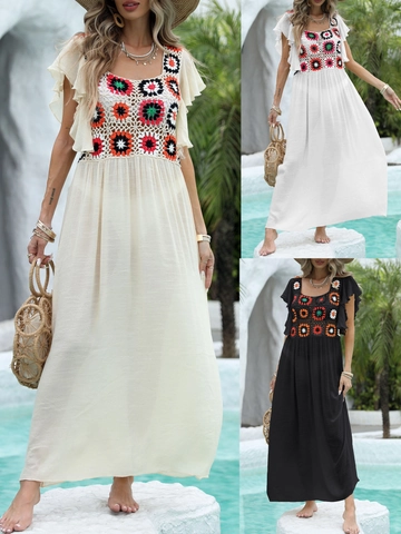 Bohemian Häkel-Blumen-Patchwork Strandmaxikleid Rüschenflügelärmel Slub-Stoff Urlaubs-Cover-up Für Damen