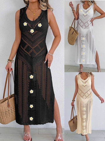 Damen Sexy Häkeln Strand Überwurf Kleid Hohl Gänseblümchen Ärmellos V Ausschnitt Seitenschlitz Boho Urlaub Badeanzug Langes Kleid