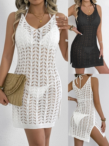 Damen Gehäkeltes Durchbrochenes Strandkleid Neckholder V Ausschnitt Ärmelloses Mini Kleid Mit Seitenschlitz Sexy Bikini Überwurf