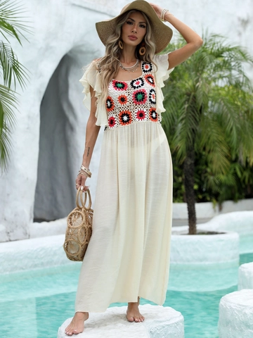 Bohemian Häkel-Blumen-Patchwork Strandmaxikleid Rüschenflügelärmel Slub-Stoff Urlaubs-Cover-up Für Damen