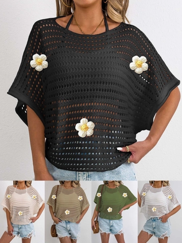 Women's Casual Hollow Out Crochet Flower Batwing Sleeve Knit Top Loose Boho Beach Cover Up Pullover T-Shirt