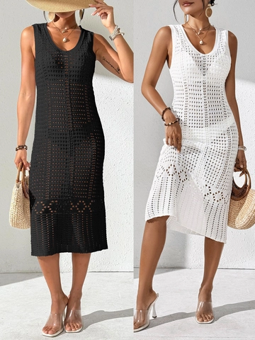 Vestito da Donna a Crochet Traforato Senza Maniche Scollo a V Copricostume da Spiaggia in Maglia Midi per Vacanza Festa