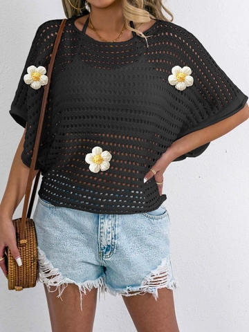 Women's Casual Hollow Out Crochet Flower Batwing Sleeve Knit Top Loose Boho Beach Cover Up Pullover T-Shirt