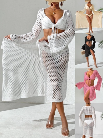 Women Hollow Out Beachwear Top And Bottom Set Sexy Tie Front Long Sleeve Crop Top With Slit Skirt Vacation Cover Up Clothing