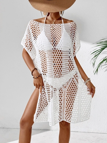 Sexy Crochet Hollow Out Beach Cover Up For Women Knit Sheer Swimsuit Coverup Solid Color Split Beachwear Vacation Dress