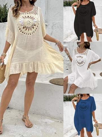 Women's Bohemian Crochet Hollow Out Beach Cover Up Ruffle Hem Loose Vacation Bikini Swimwear Coverup Dress