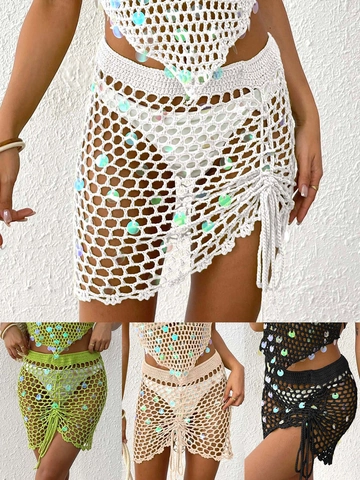 Damen Häkeln Pailletten Zweiteiler Strand Cover Up Ausschnitt Oberteil Und Kordelzug Rock Irisierende Urlaub Outfit