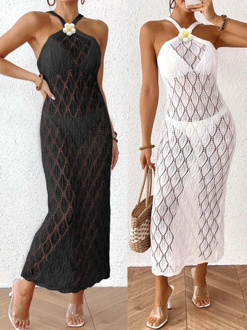 Women Sexy Halter Backless Hollow Out Leaf Crochet Beach Dress Bikini Cover Up Vacation Sleeveless Maxi Dress With Flower