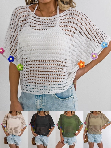 Cover-Up Bohème en Crochet Ajouré pour Femmes Avec Décoration Florale 3D Manches Chauve-Souris Blouse de Plage Décontractée