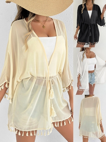Copricostume da Spiaggia in Chiffon con Nappe da Donna Kimono Cardigan Con Cintura Tinta Unita Estate Moda Protezione Solare