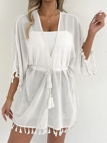 Copricostume da Spiaggia in Chiffon con Nappe da Donna Kimono Cardigan Con Cintura Tinta Unita Estate Moda Protezione Solare